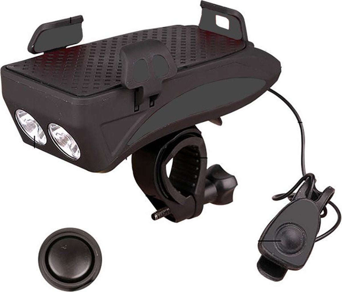 FIEZIO Fietsverlichting USB Oplaadbaar LED Fietslamp met telefoonhouder en bel - 3 Lichtstanden – Waterdicht