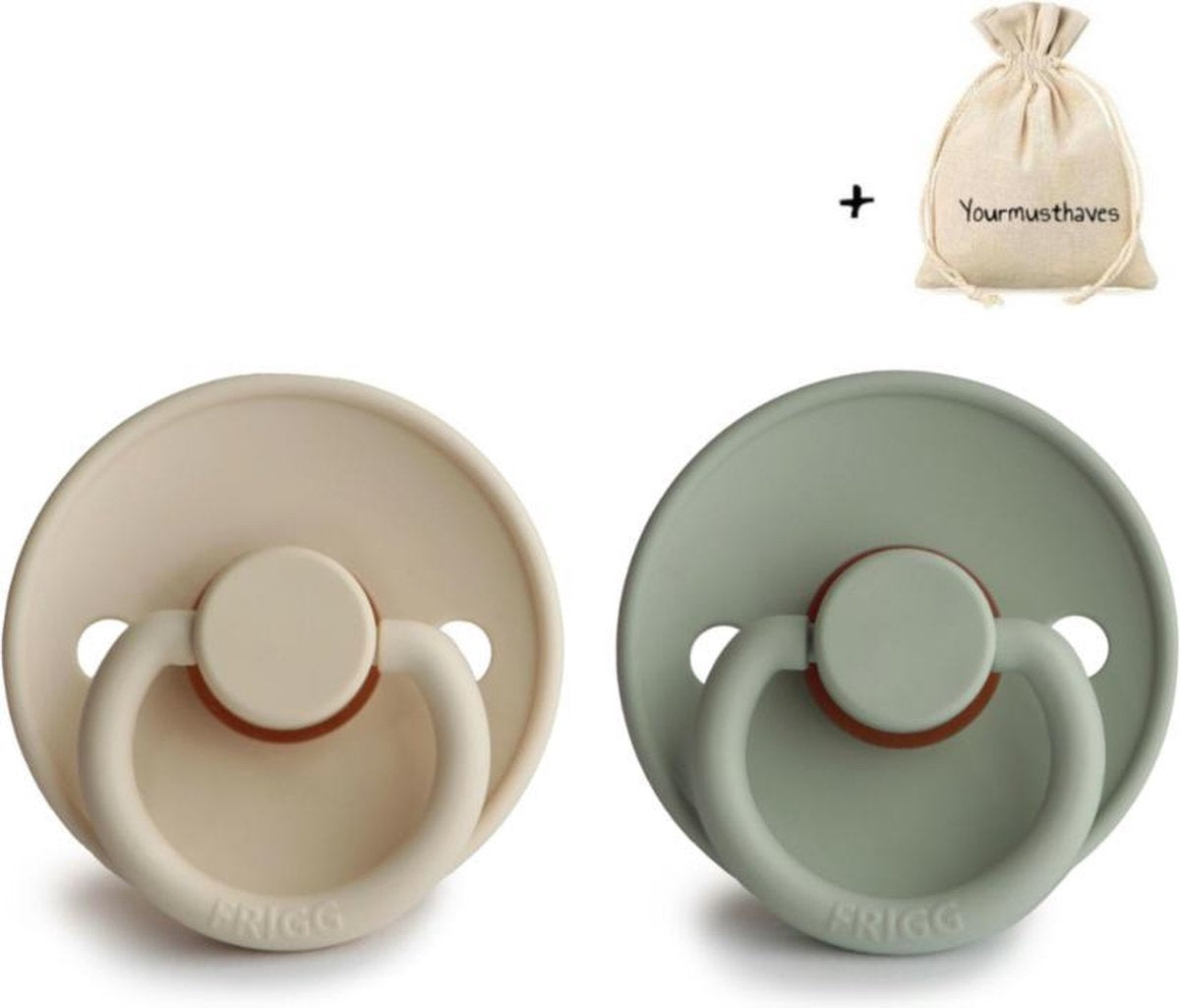 FRIGG | Fopspeen Duo | T1 | 0-6 maanden | Classic | Natuurrubber | Sage + Sandstone | Met YOURMUSTHAVES speenzakje
