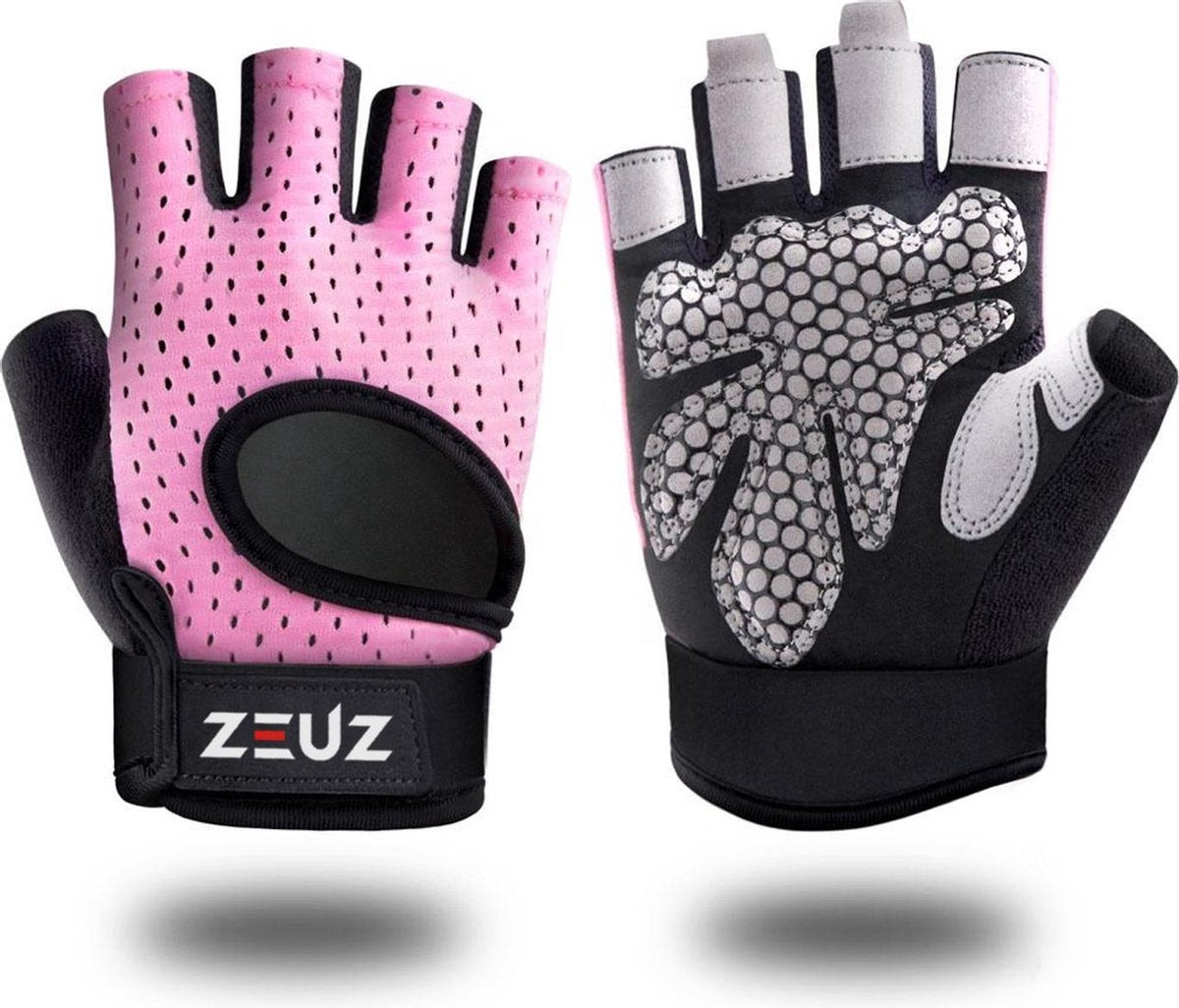 ZEUZ® Sport & Fitness Handschoenen Dames – Krachttraining Artikelen – Gym & Crossfit Training – Roze & Zwart – Gloves voor meer grip en bescherming tegen blaren & eelt - Maat M