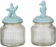 J-Line Pot Met Deksel Zee Glas/Porselein Groen Assortiment Van 2