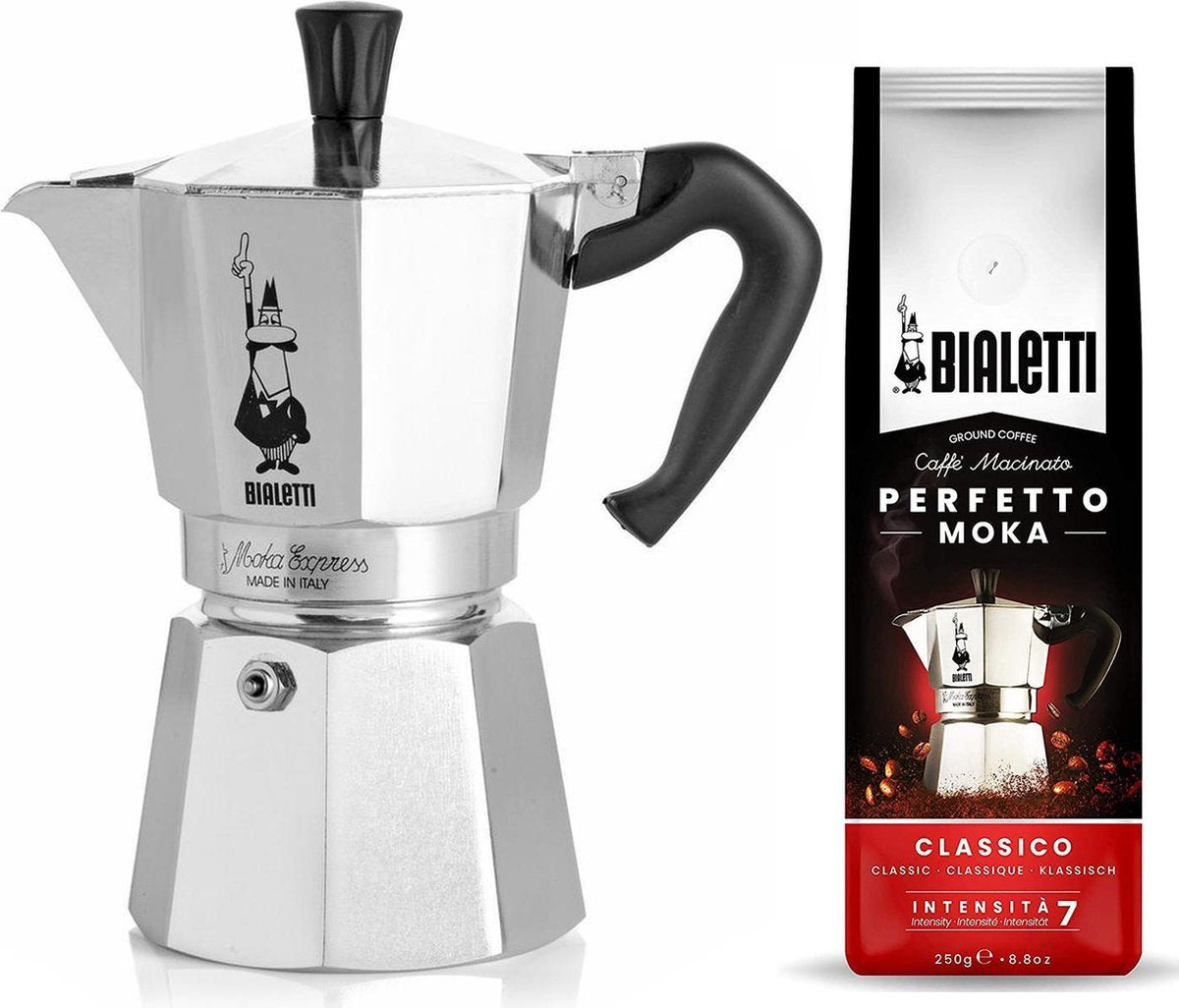 Bialetti Moka Express 6 kops + Bialetti Classico gemalen koffie 250gr