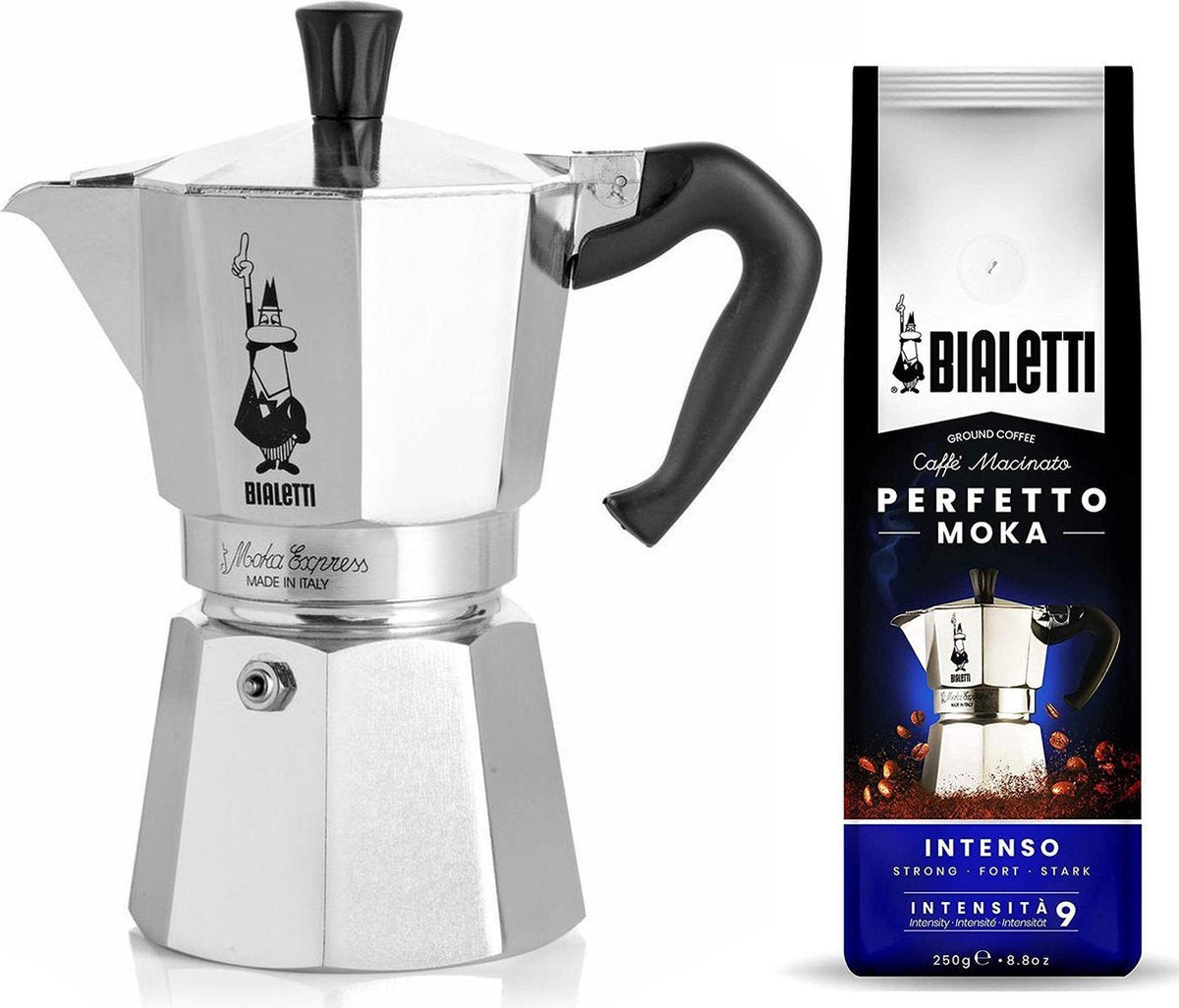 Bialetti Moka Express 6 kops + Bialetti Intenso gemalen koffie 250gr