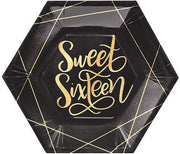 Kartonnen Bordjes  Sweet Sixteen Zwart/Goud 17.5 cm 10 st - Wegwerp borden - Feest/verjaardag