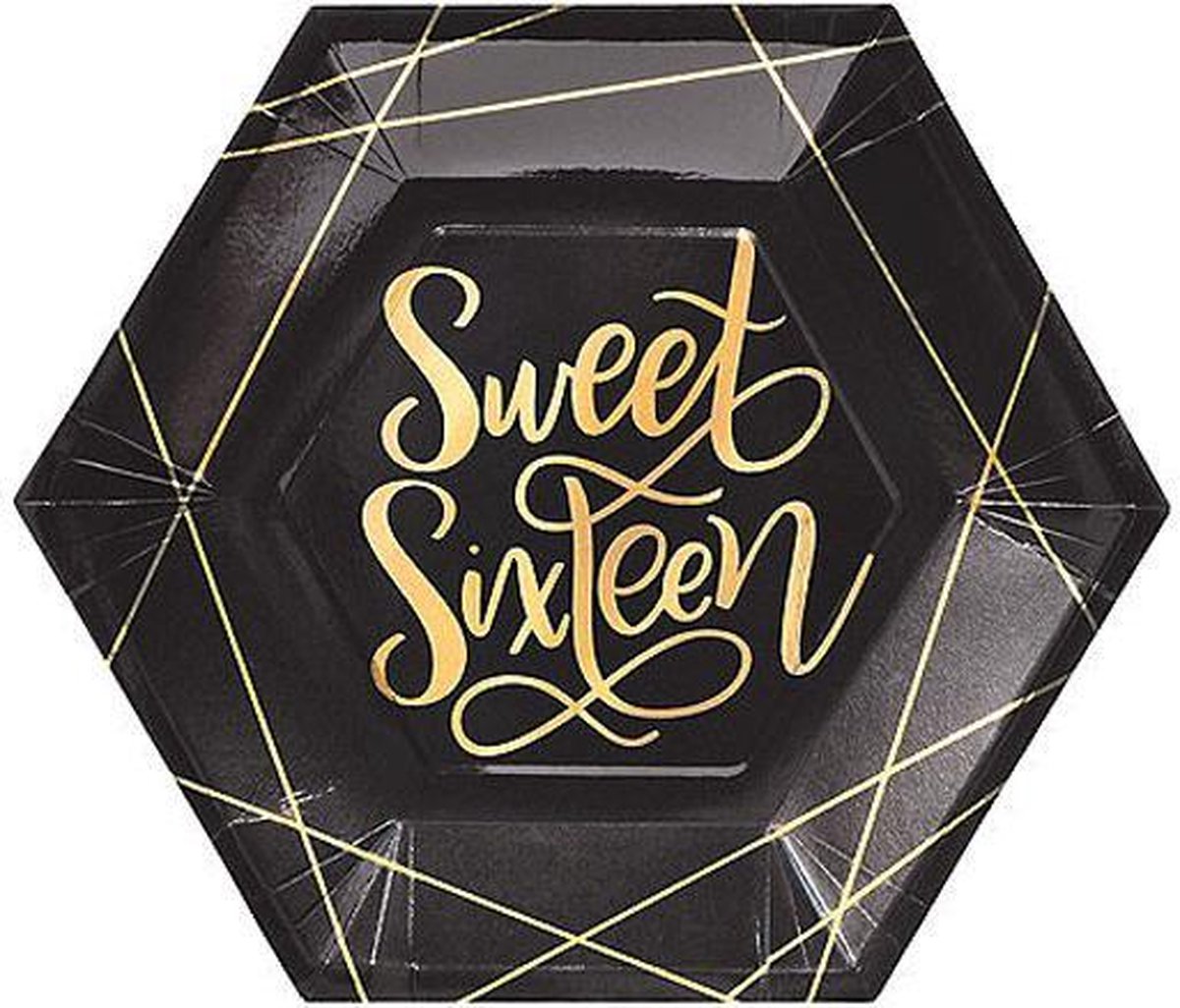 Kartonnen Bordjes  Sweet Sixteen Zwart/Goud 17.5 cm 10 st - Wegwerp borden - Feest/verjaardag