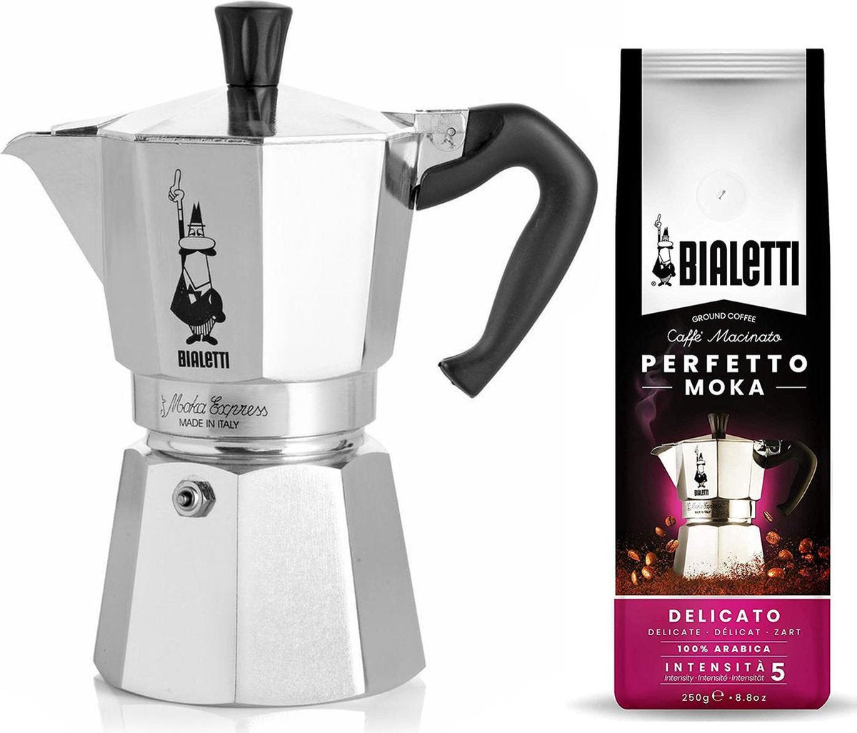 Bialetti Moka Express 3 kops + Bialetti Delicato gemalen koffie 250gr