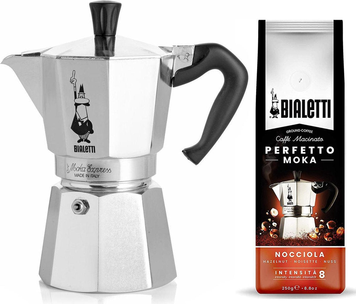 Bialetti Moka Express 4 kops + Bialetti Hazelnoot gemalen koffie 250gr