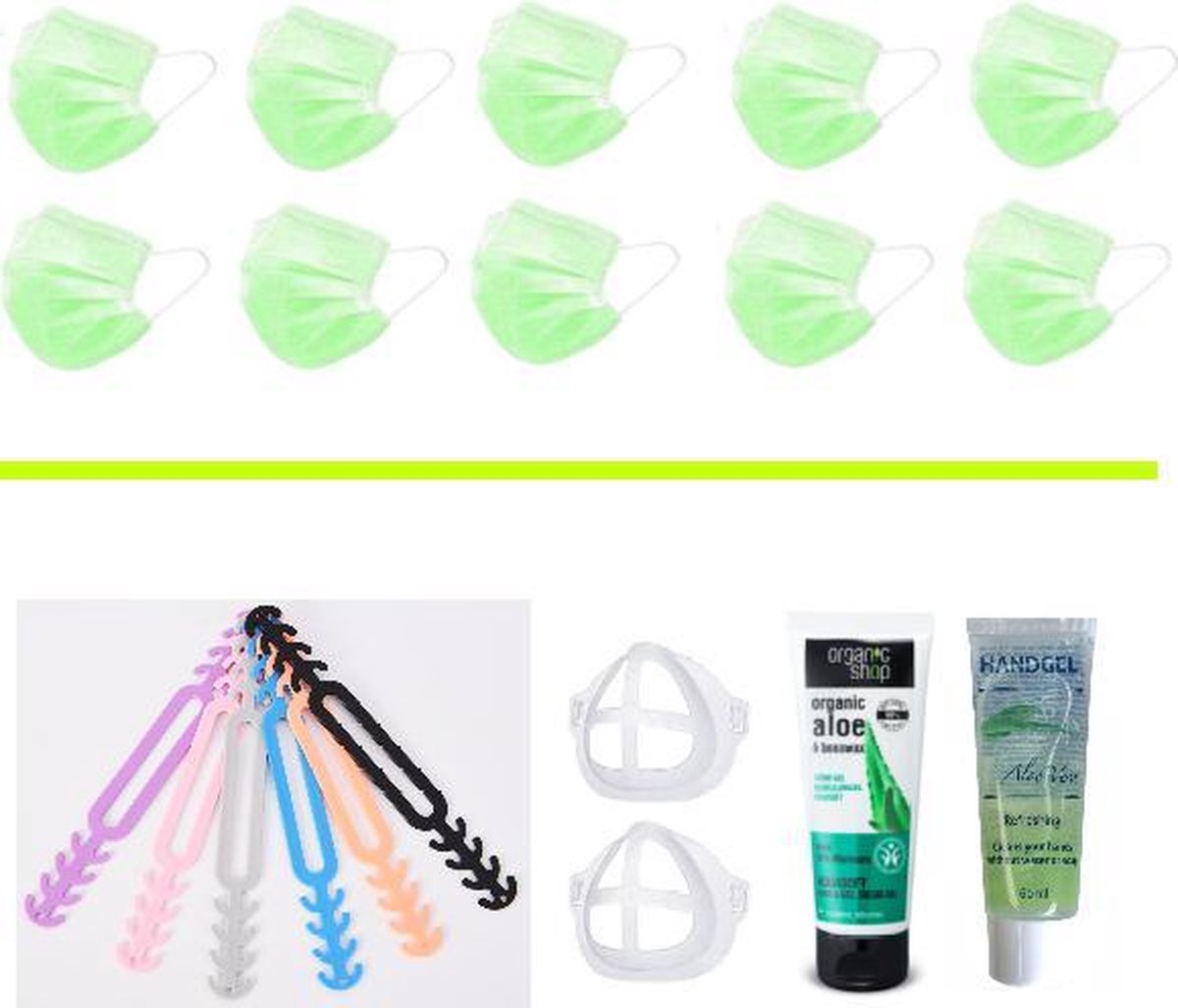 Mondkapjes Vakantie Pakket: 50 groen Mondmaskers | 5 Earsavers Mix | 2 Mondmaskerhouders | Handcreme | Handgel