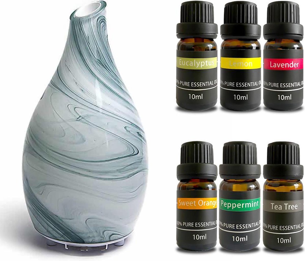 Flavorett Glazen Aroma diffuser - Incl.  6 Etherische Olie – Luchtbevochtiger – Geurverspreiders