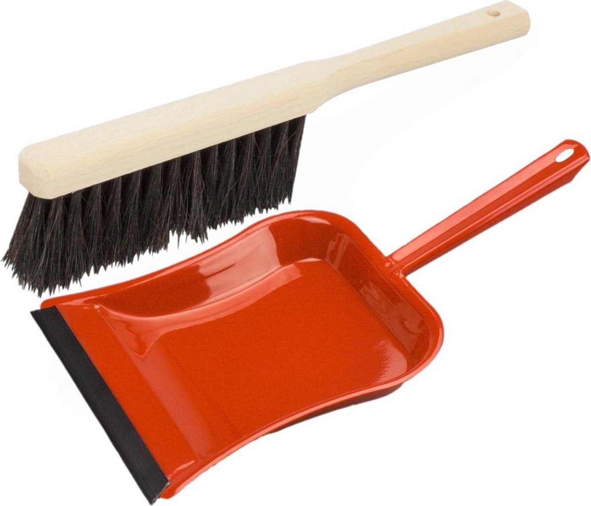 Stoffer en blik rood van metaal/hout met lip voor binnen - Zachte borstel/handveger