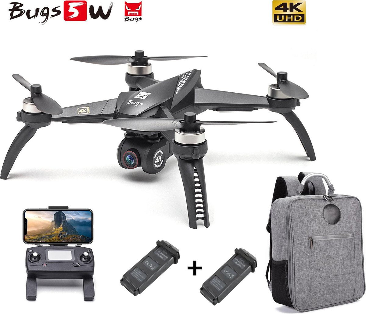 Drone Bugs 5W met 4K Ultra HD live camera + GPS 1000M en volgsysteem - Brushless motoren - Extra accu pack en Origineel Opbergtas !