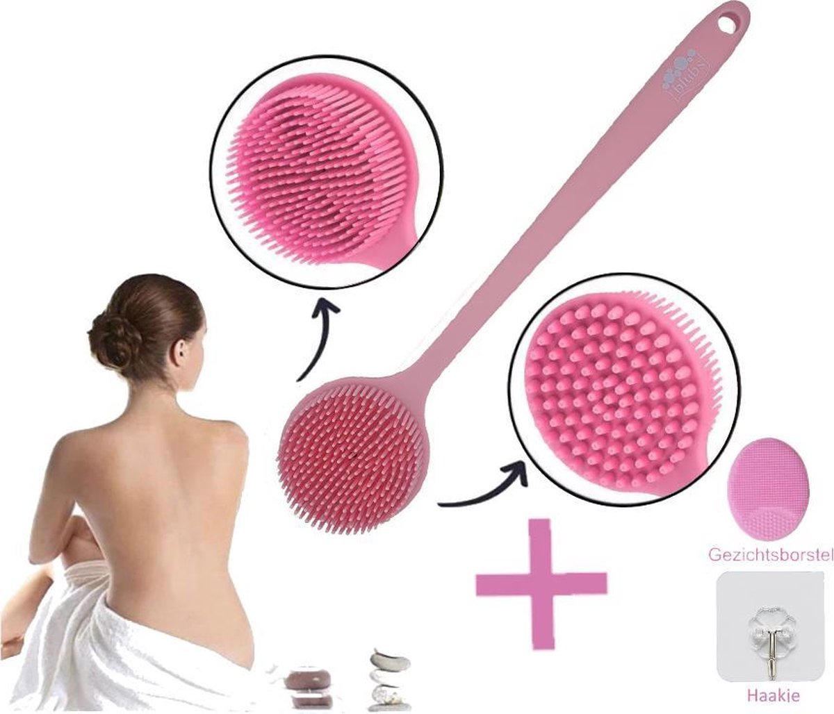Blubs® – Badborstel – Dry brush – Rug Scrubber – Lichaamsborstel – Rugborstel douche met steel – Huidborstel – Rugborstel kunststof – Badborstel met steel – Doucheborstel met steel – Siliconen borstel – Droogborstel – Massage – Roze