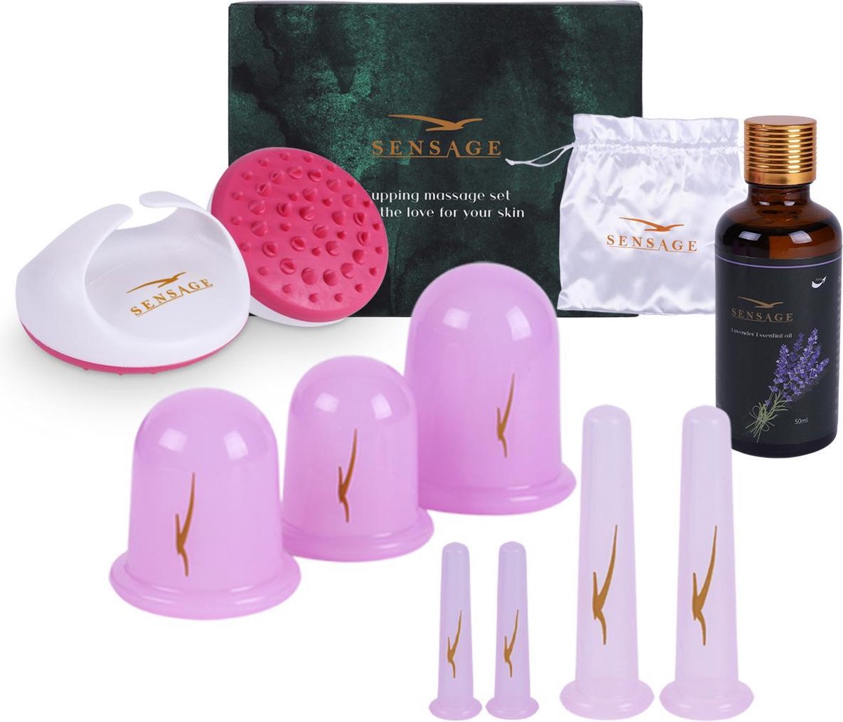 Sensage Cupping Set Massage met Massage Olie | Cellulite Cups | Cupping | Cellulite massage apparaat | Geschenkset Vrouwen 10-delig | Lavendel olie | badborstel | Luxe bewaardoos