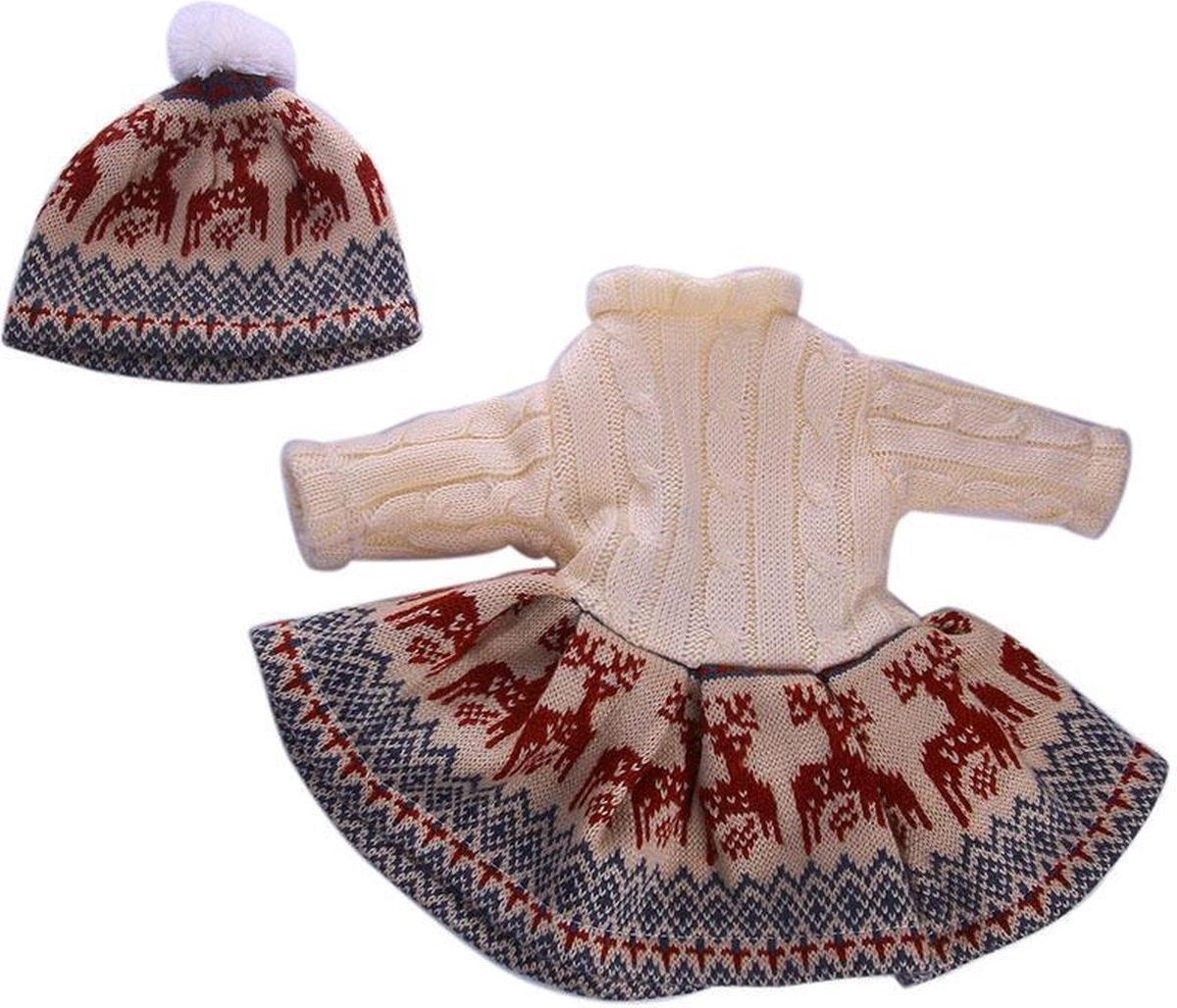Dolldreams | Winterkleding voor poppen - Gebreide jurk en muts met rendieren - Past op Baby born pop