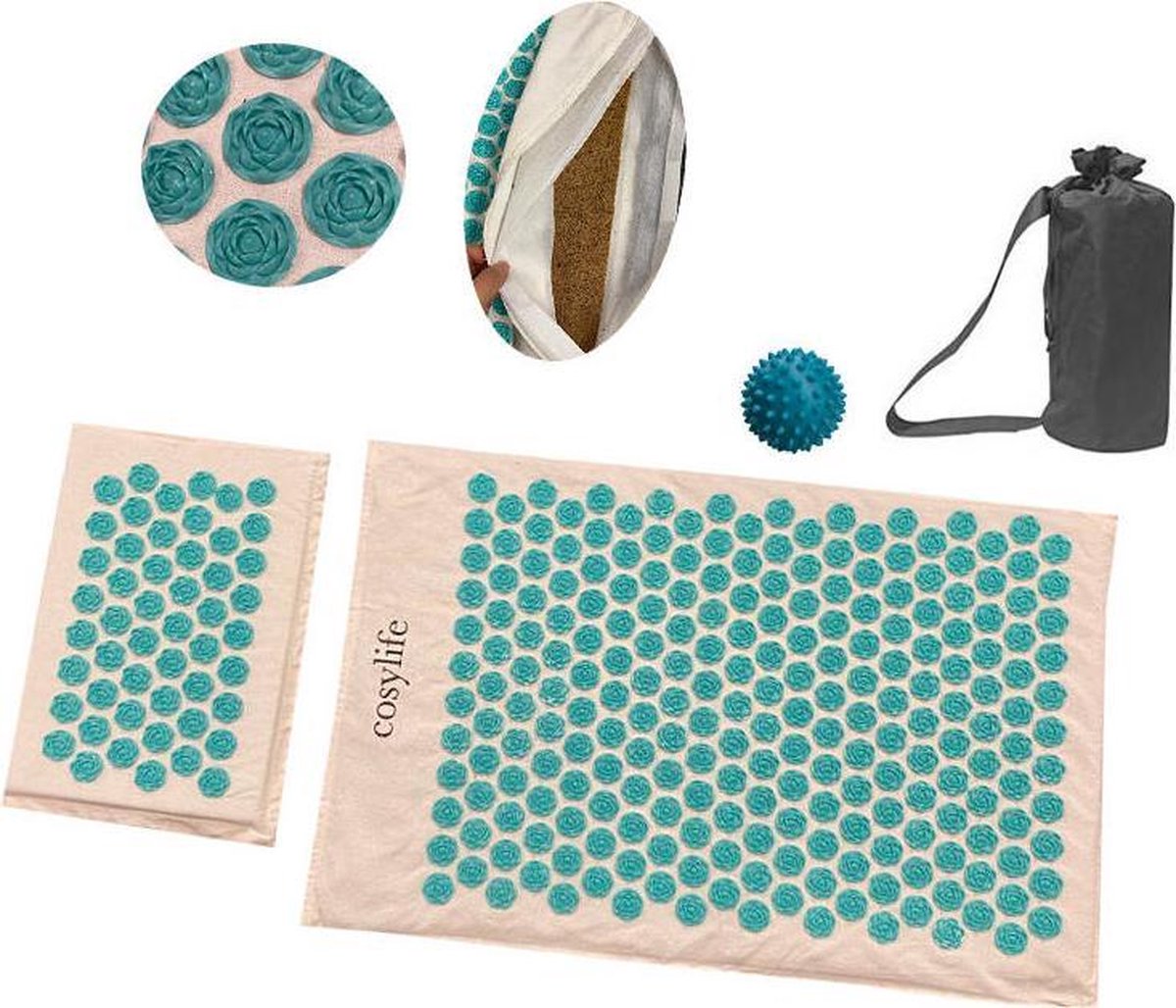 Cosy life Acupressuur Mat / Spijkermat met Kussen en Triggerpoint Bal - Draagtas - Kokosvezelvulling - 70x44x2cm - Beige / Turquoise