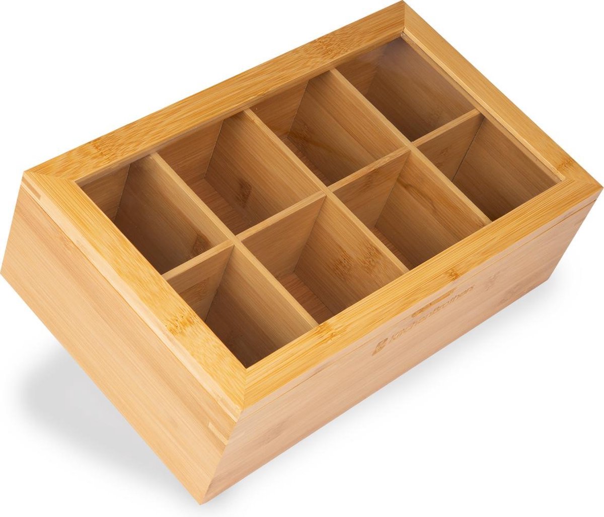KitchenBrothers Bamboe Theedoos met Transparante Deksel - Luxe Bamboo Theekist met 8 Vakken - Theebox Doorzichtig voor 120 Zakjes of Losse Thee - Hout