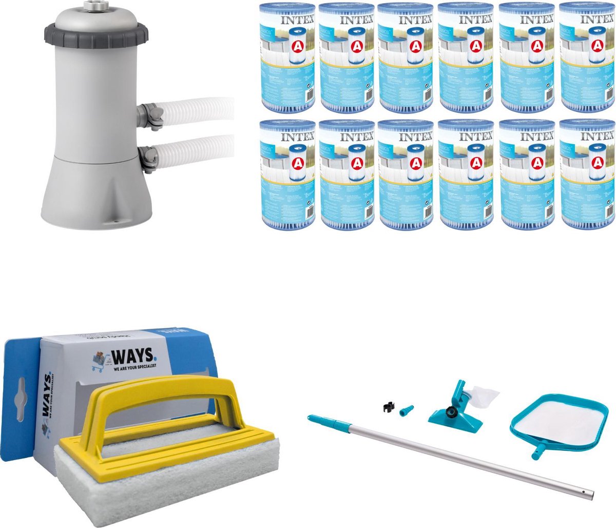 WAYS - Zwembad Onderhoud - Intex Onderhoudsset & Intex Filterpomp 28604GS & 12 Intex Filters Type A & WAYS Handy Scrubborstel