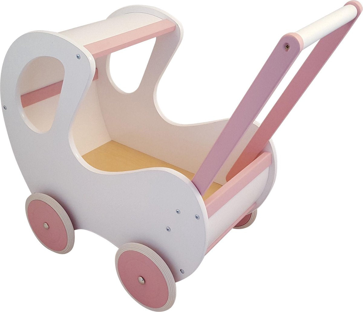Playwood - Houten Poppenwagen wit / roze klassiek met kap
