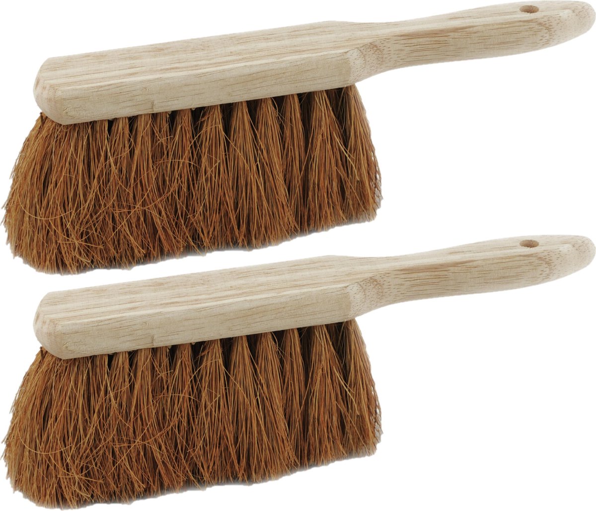 2x stuks houten stoffers/handhandvegers met kokosvezel voor binnen en buiten 28 cm