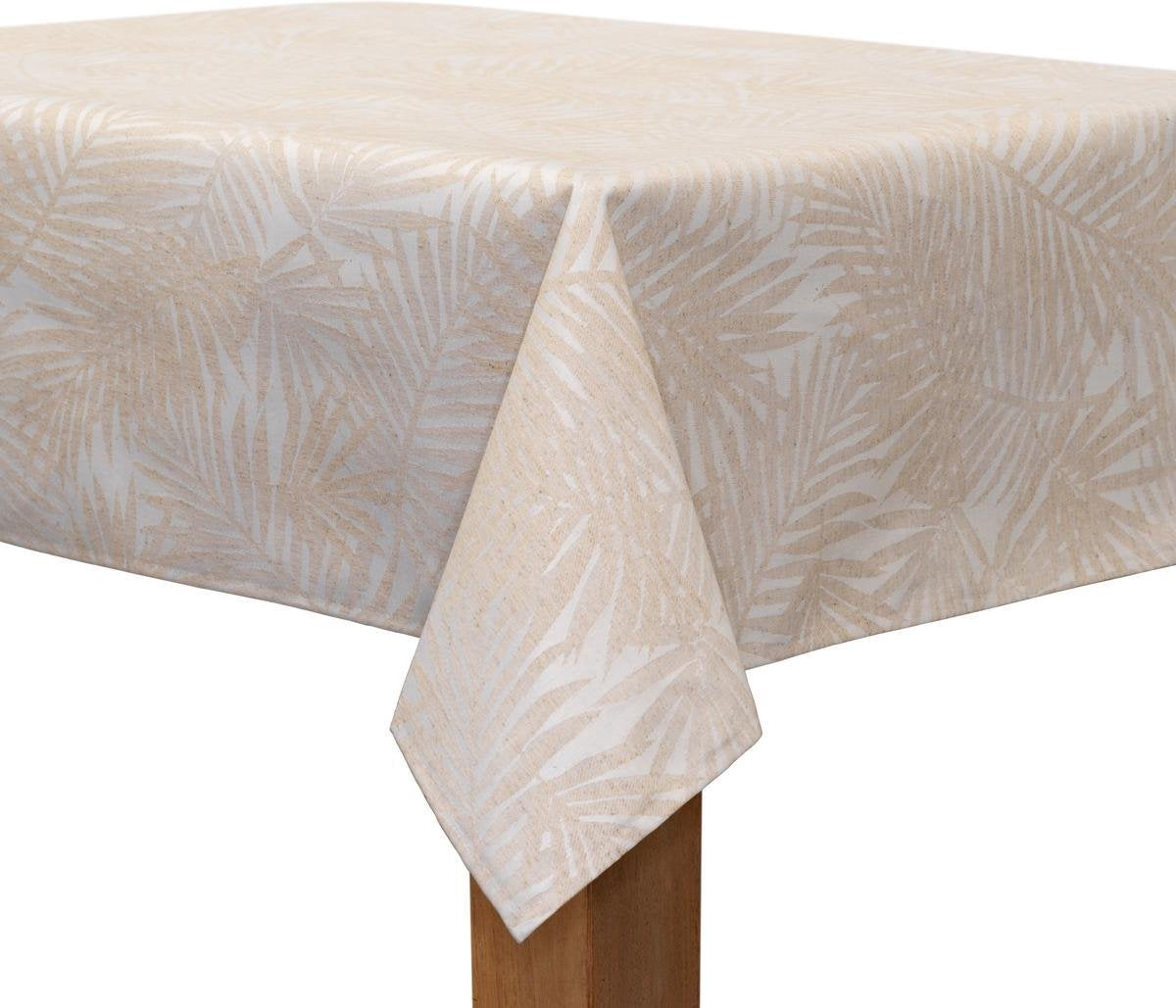 MixMamas Tafelkleed Gecoat Jacquard Palm Leaves – 140 x 250 cm – Beige