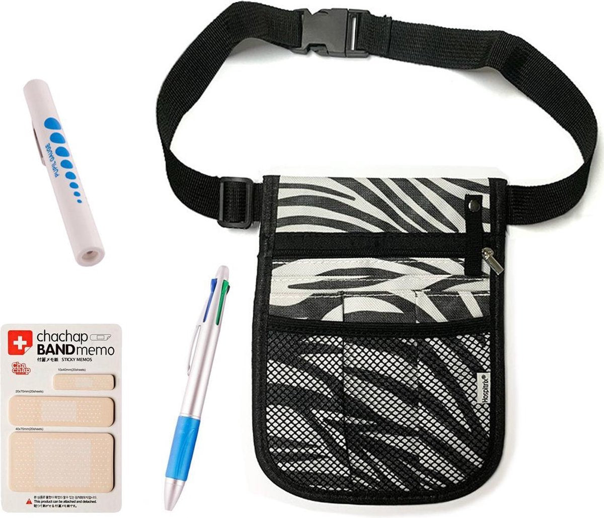 Hospitrix Verpleegkunde Buidel ZEBRA met Gratis Inhoud - Organizer / Tasje voor Verpleegkundigen met Gratis Memoblaadjes + Penlight + Vierkleurenpen