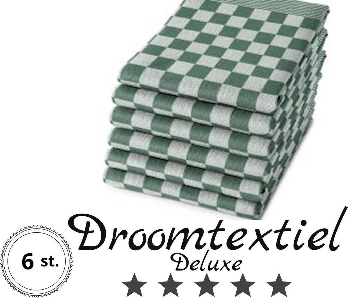 THEEDOEKEN - Set van 6 Stuks  - 100% KATOEN - 65x65cm - Groen Wit - Sneldrogend - Horecakwaliteit - Geblokt - Droomtextiel