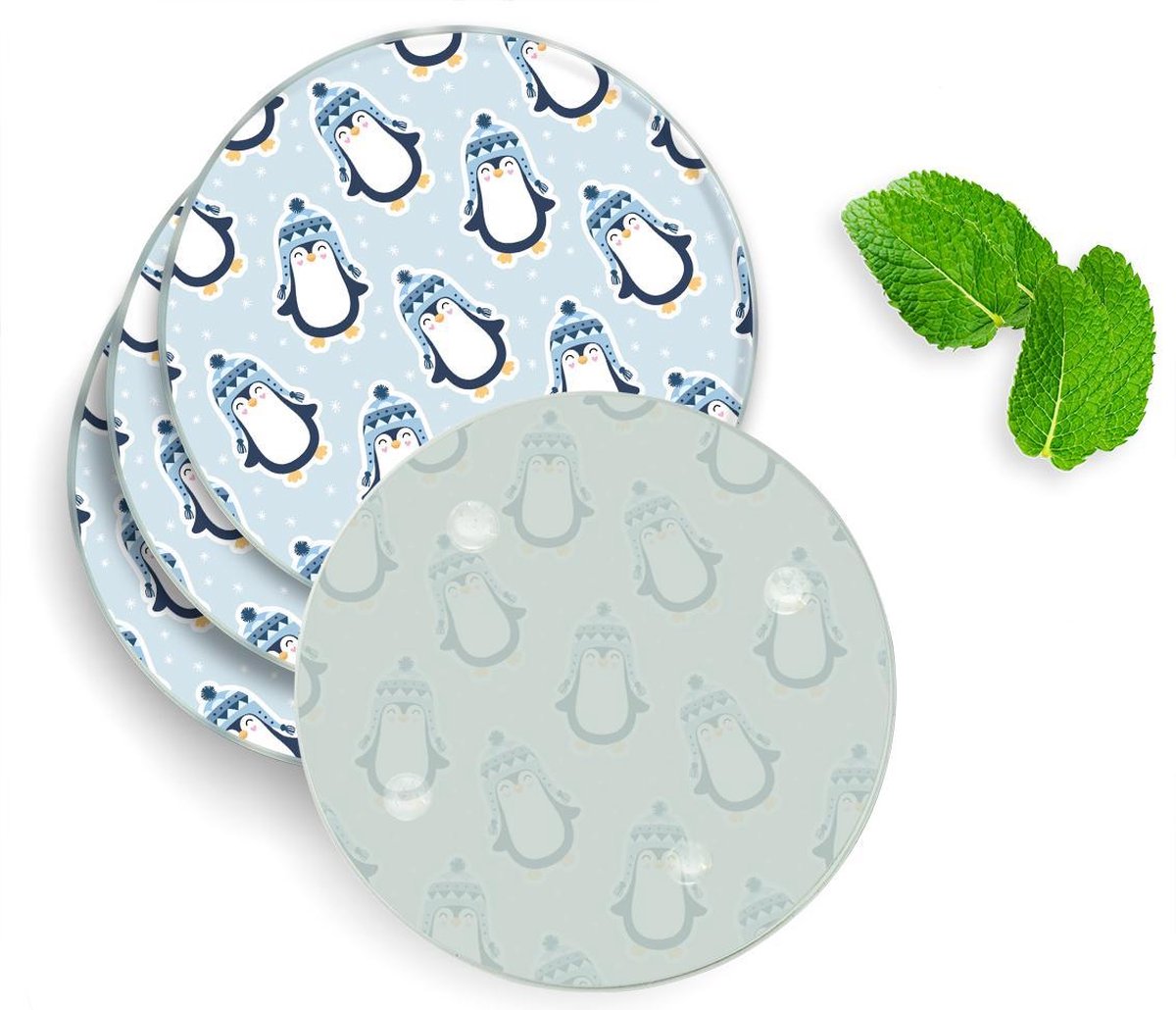 4 Luxe Glazen Onderzetters - Design Pinguins - Rond