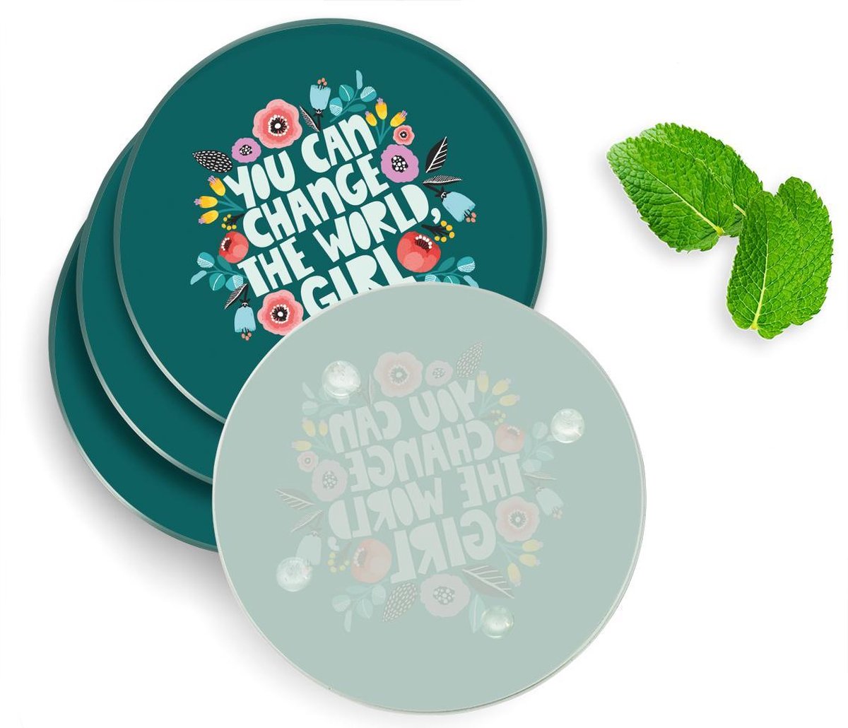 4 Luxe Glazen Onderzetters - Design Girly - Rond