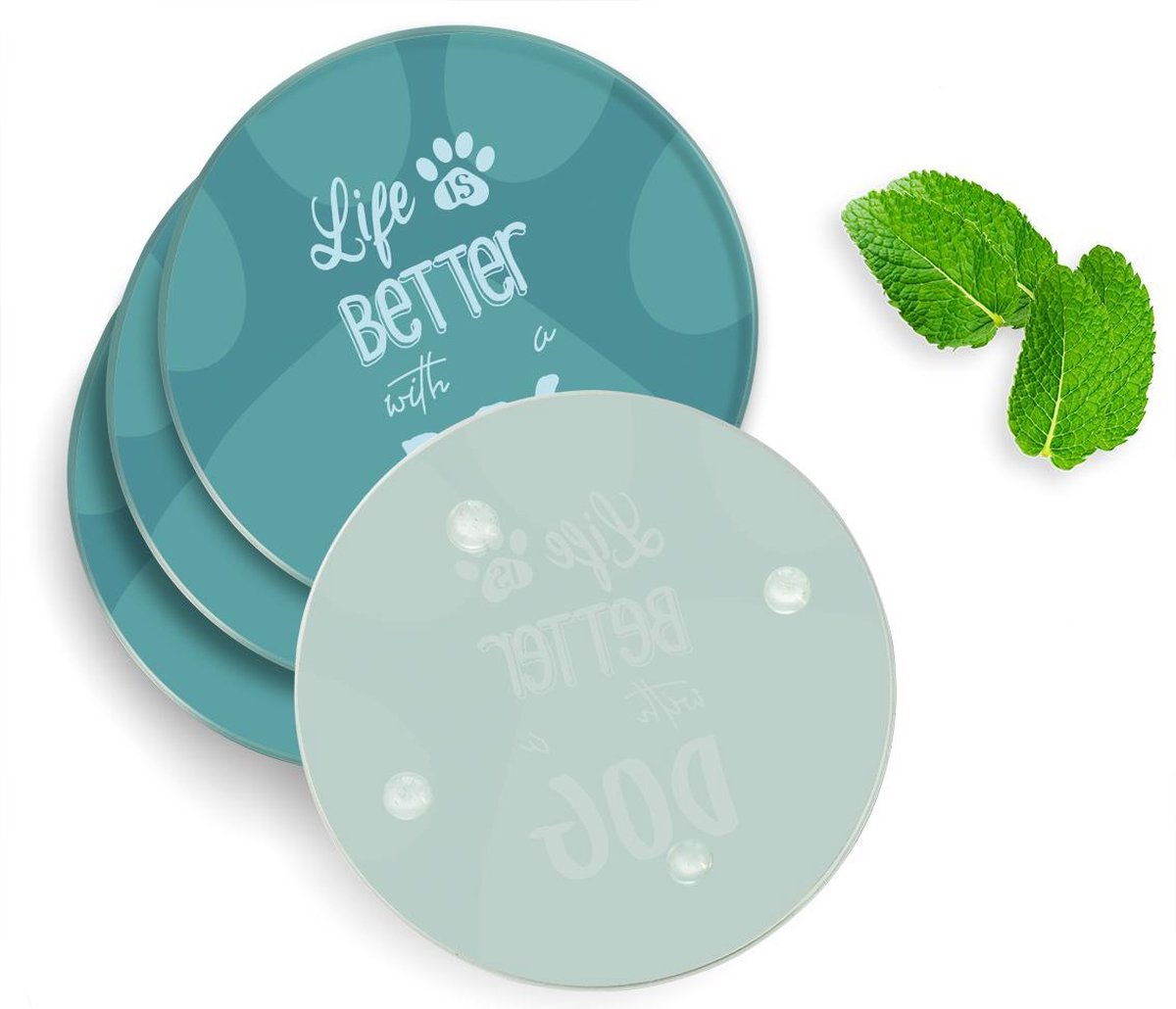 4 Luxe Glazen Onderzetters - Design Life Is Better With A Dog - Rond