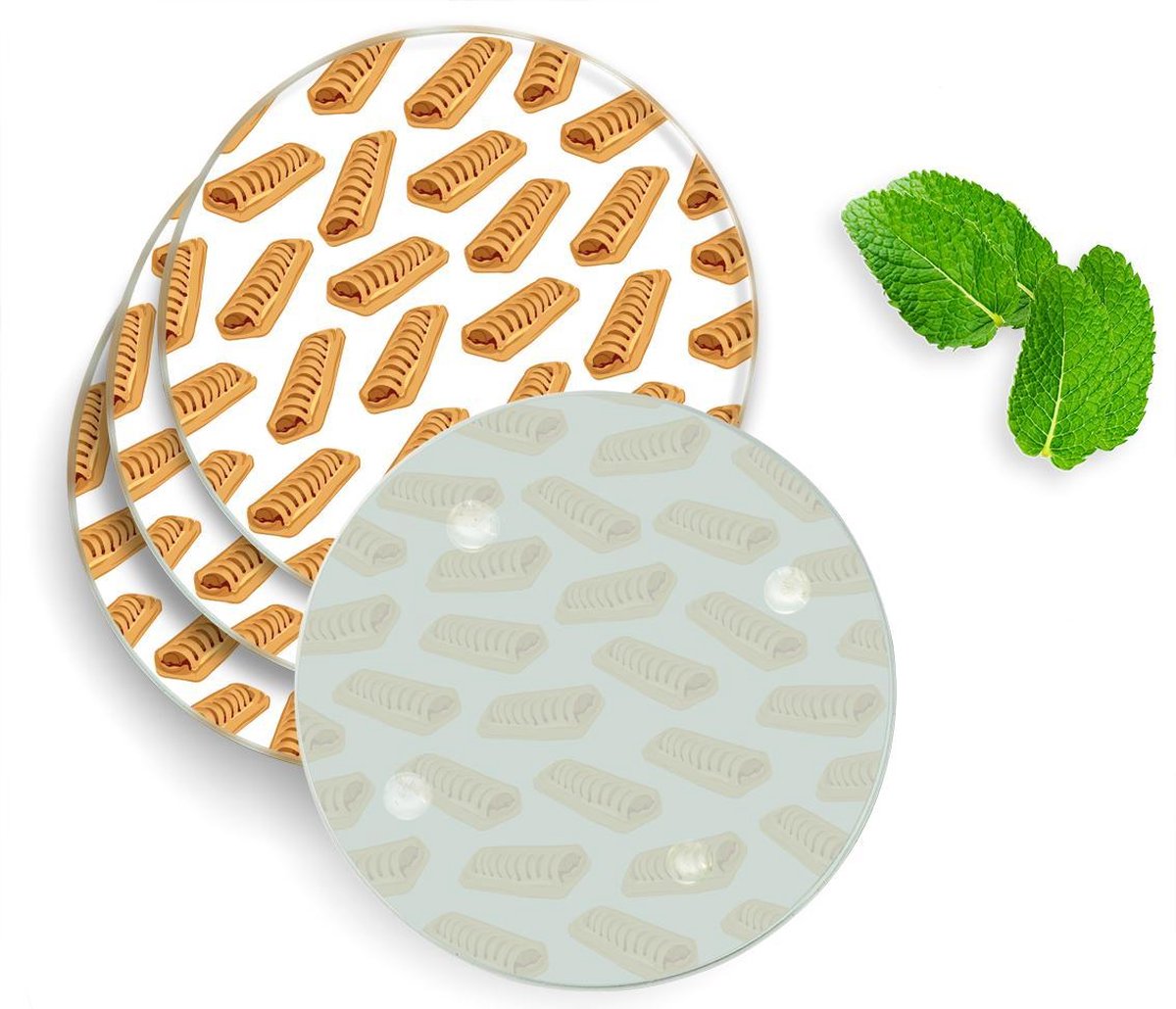 4 Luxe Glazen Onderzetters - Design Frikandelbroodjes - Rond