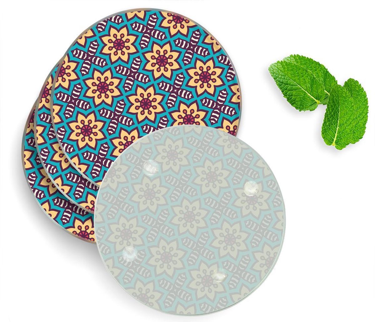 4 Luxe Glazen Onderzetters - Design Mandala Hippie II - Rond
