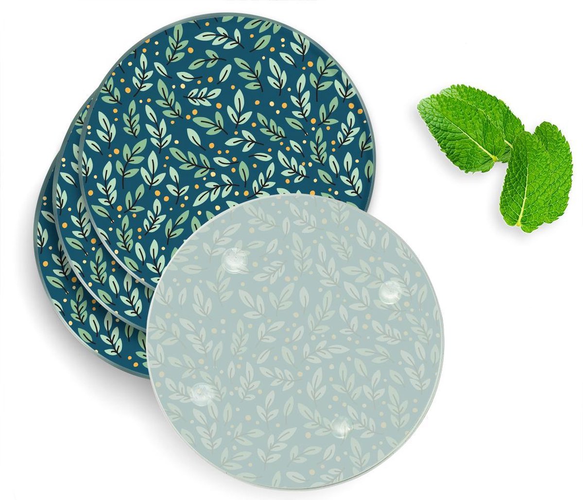 4 Luxe Glazen Onderzetters - Design Blaadjespatroon - Rond