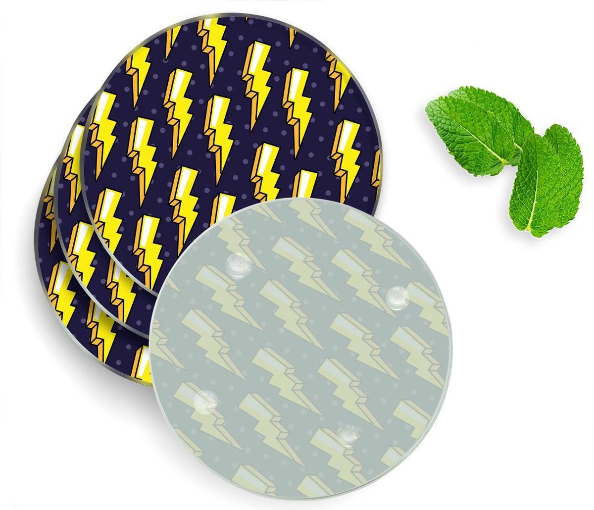 4 Luxe Glazen Onderzetters - Design Pop Art Lightning - Rond