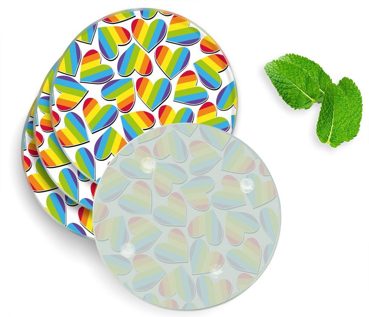 4 Luxe Glazen Onderzetters - Design Regenboog Hartjes - Rond