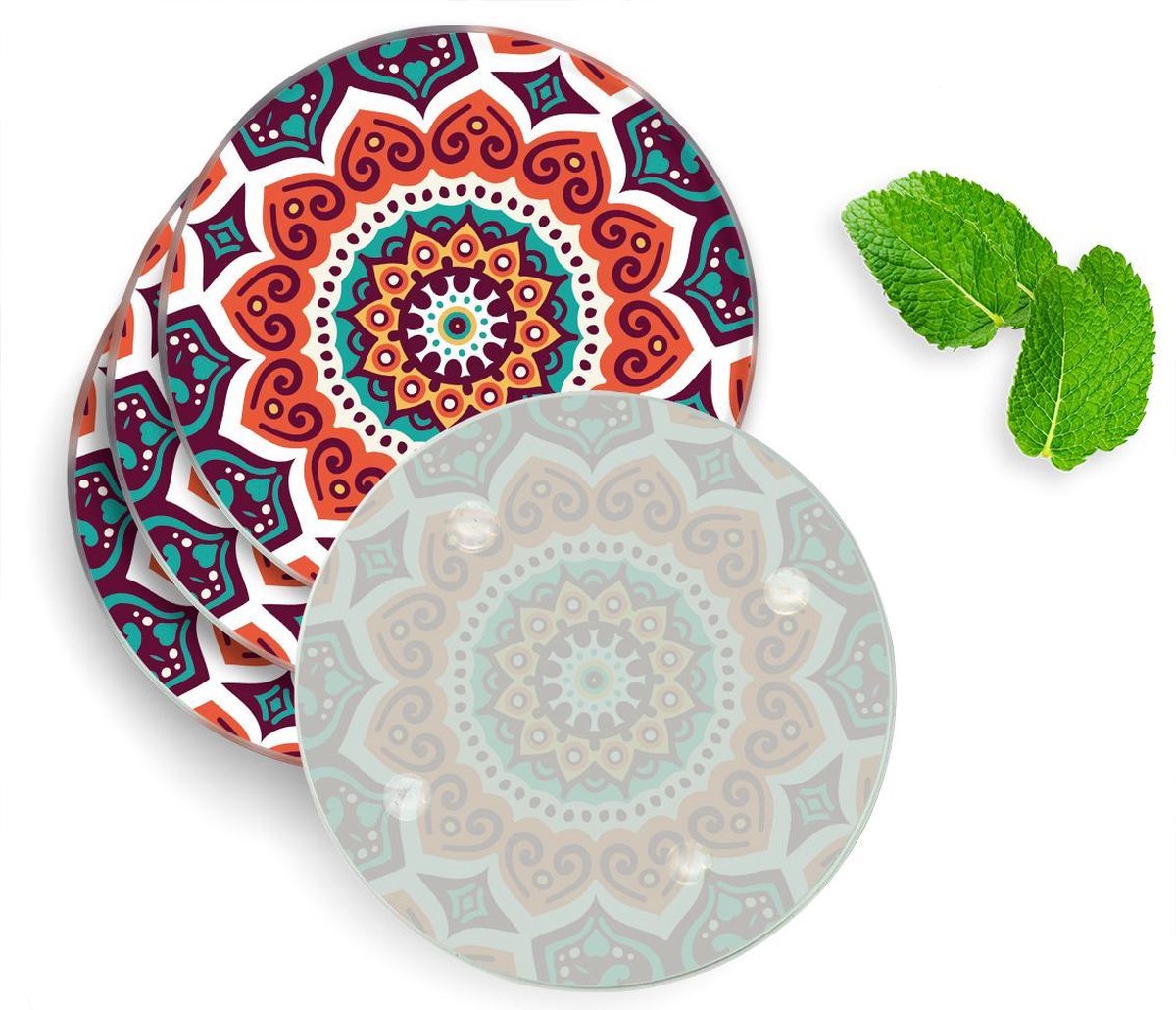 4 Luxe Glazen Onderzetters - Design Retro Mandala - Rond