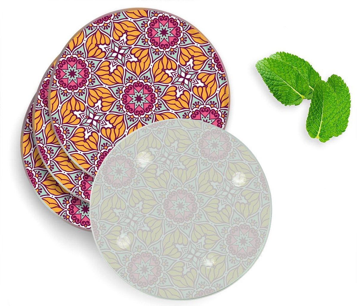 4 Luxe Glazen Onderzetters - Design Sterbloem Mandala - Rond