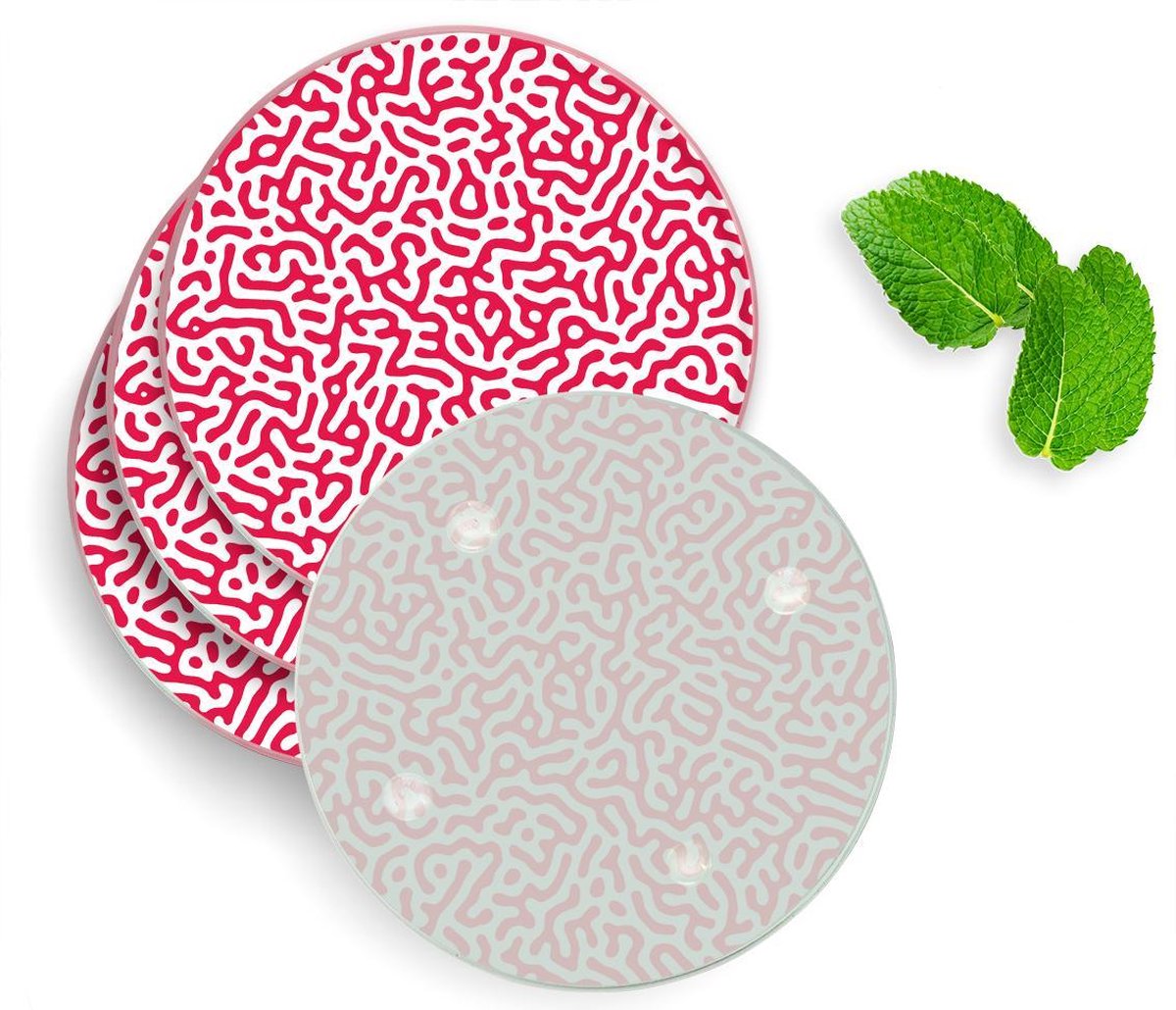 4 Luxe Glazen Onderzetters - Design Red Doodle - Rond