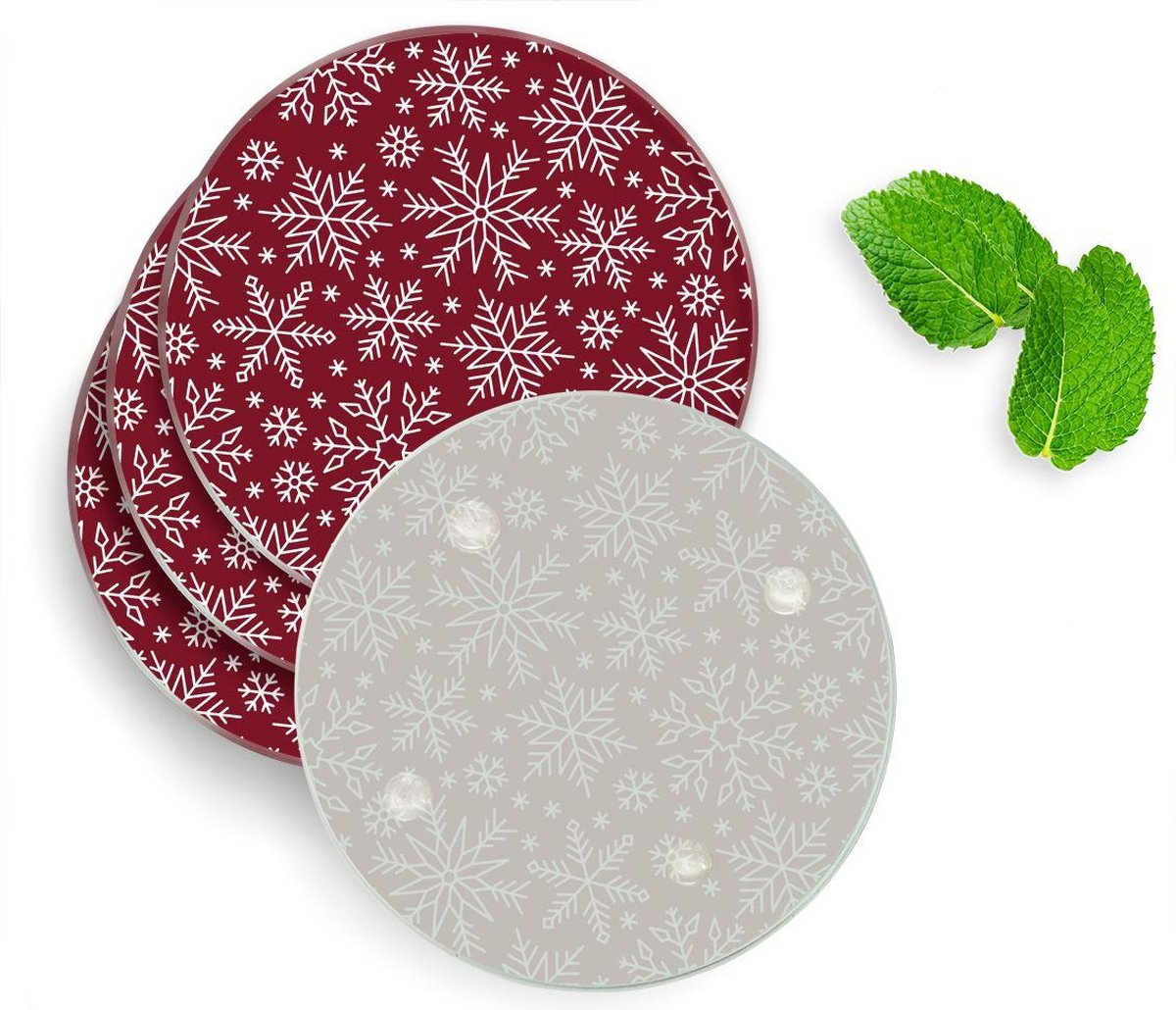4 Luxe Glazen Onderzetters - Design Sneeuw - Rond