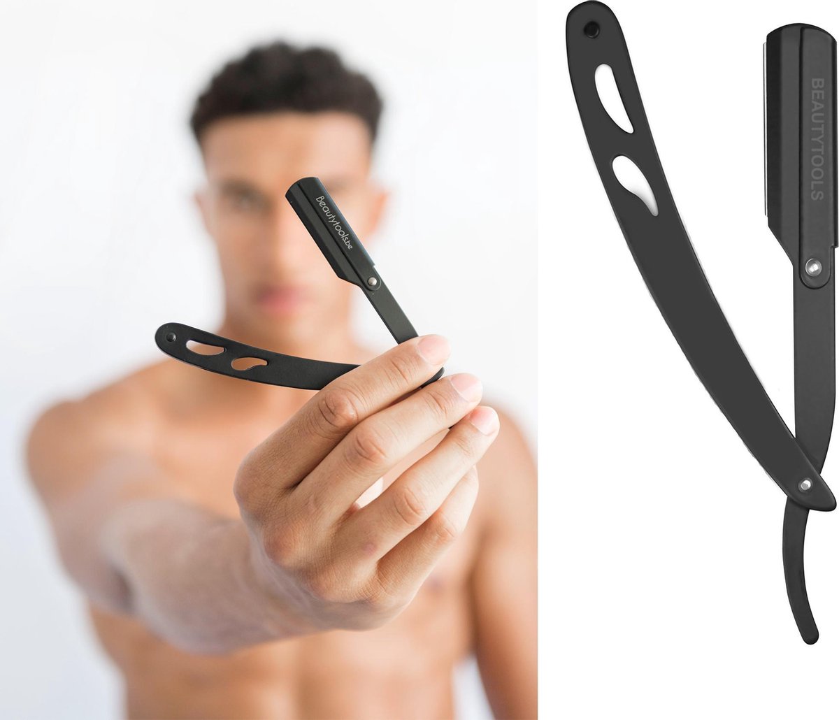 BeautyTools Shavette / Barbiersmes / Open Scheermes Voor Baard en Nekhaar - BLACK BEAST - Incl. 10 Derby Double Edge mesjes en Opbergdoos (SR-1208) INOX