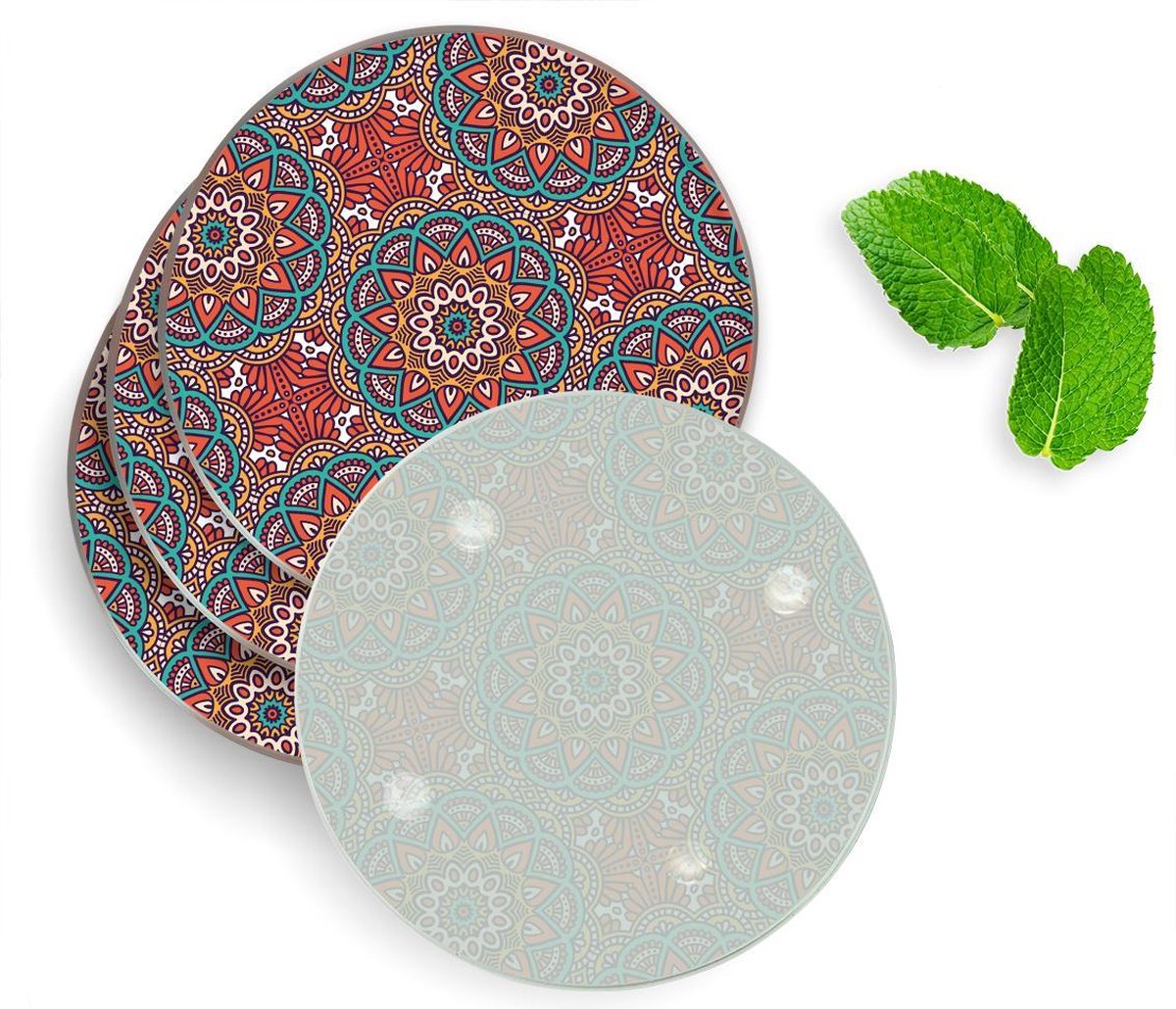 4 Luxe Glazen Onderzetters - Design Orientaalse Mandala - Rond