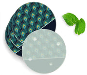 4 Luxe Glazen Onderzetters - Design Pauwenveren - Rond