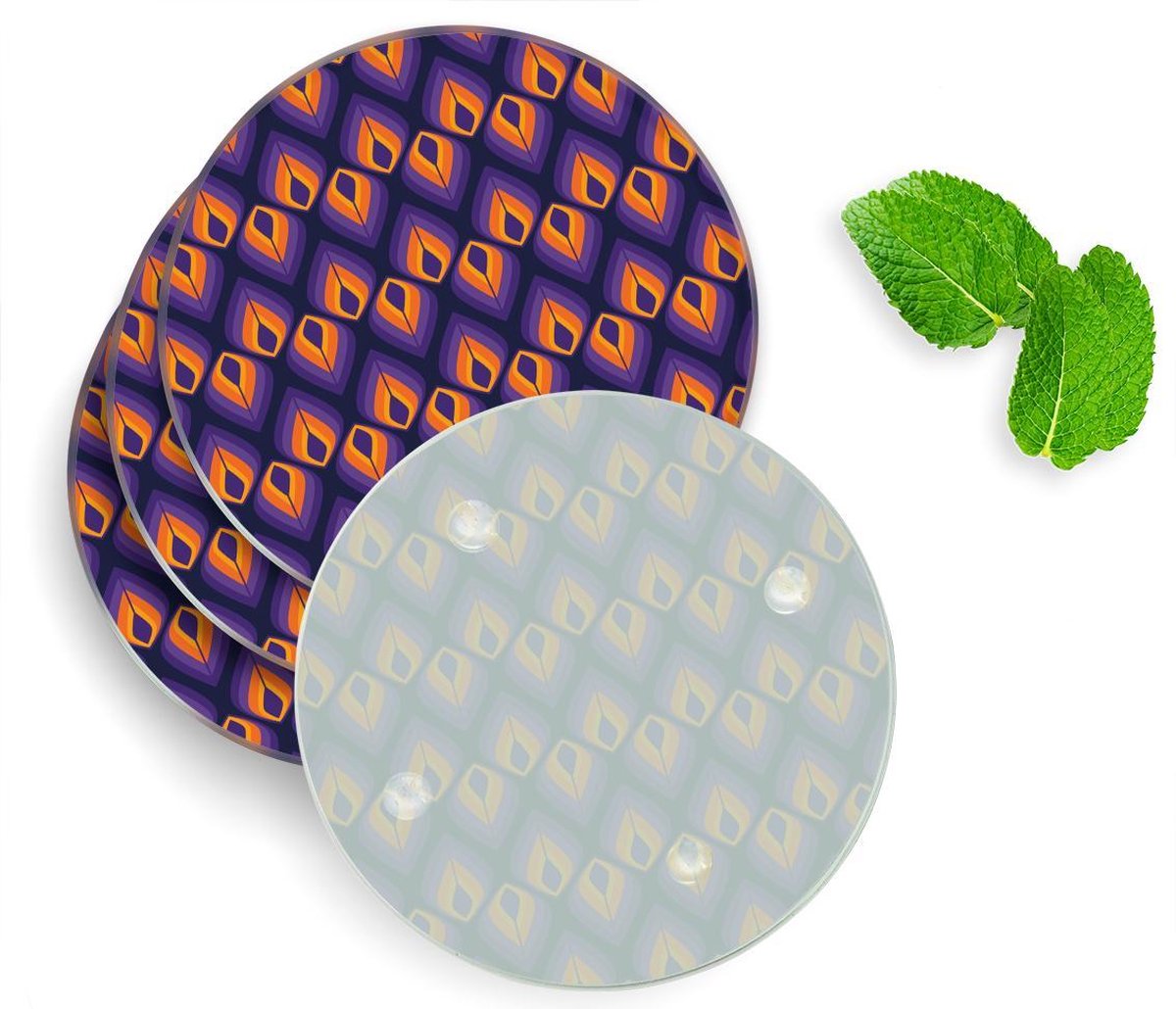 4 Luxe Glazen Onderzetters - Design 70s Paars - Rond