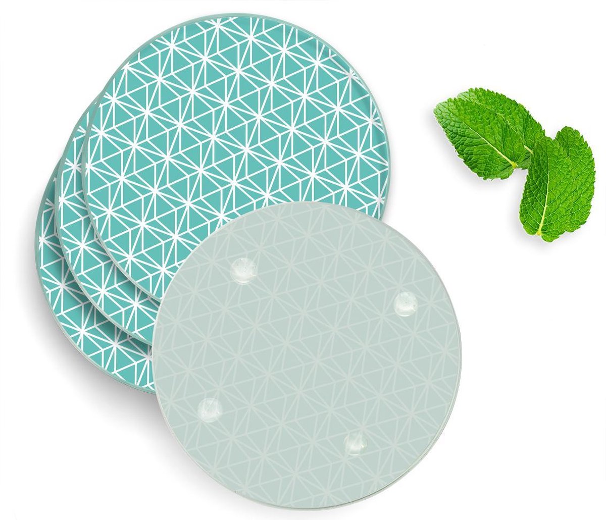 4 Luxe Glazen Onderzetters - Design Turquoise Geometrie - Rond