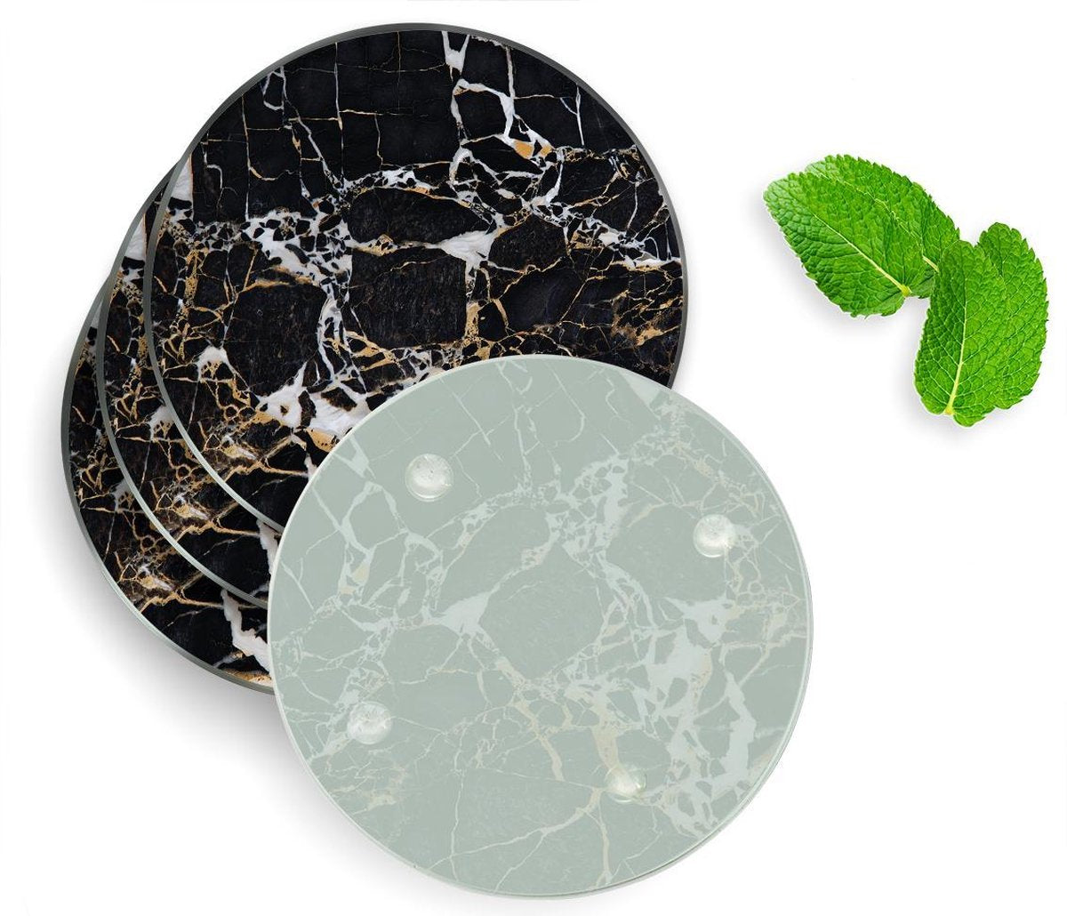 4 Luxe Glazen Onderzetters - Design Zwart Goud Marmer - Rond