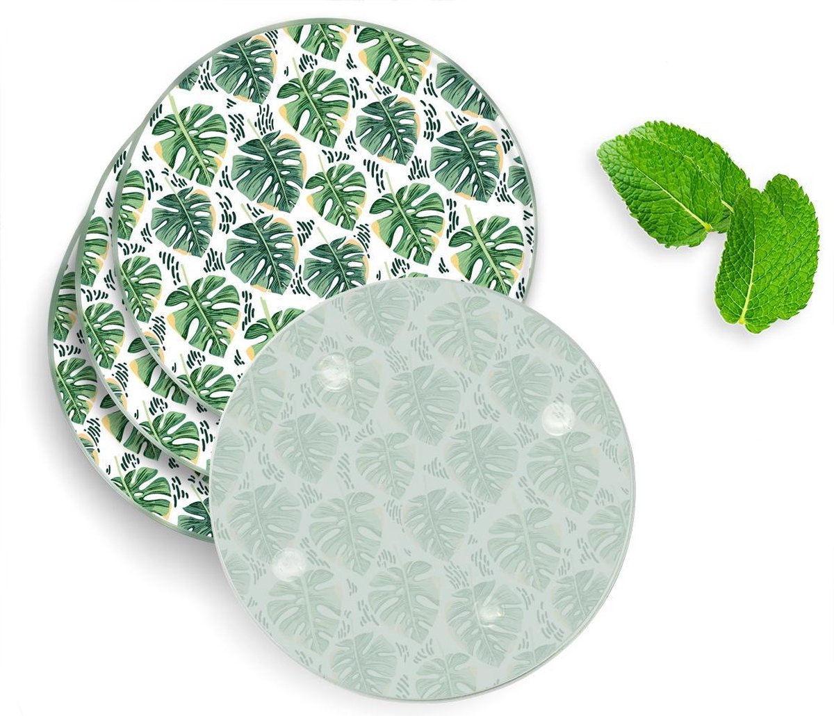 4 Luxe Glazen Onderzetters - Design Palm Leaves Large - Rond