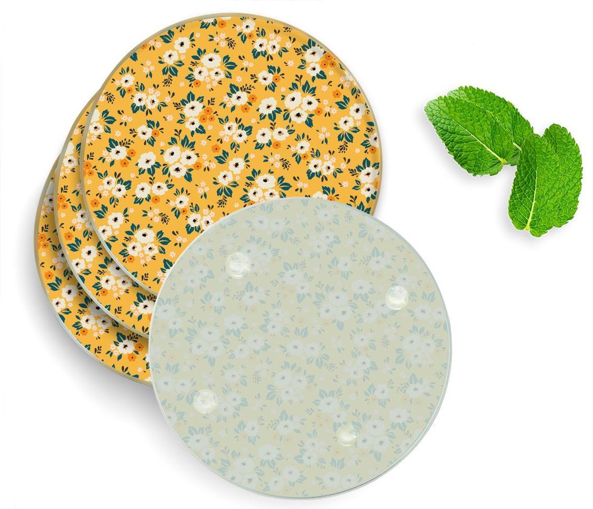 4 Luxe Glazen Onderzetters - Design Retro Vintage Bloemenprint - Rond