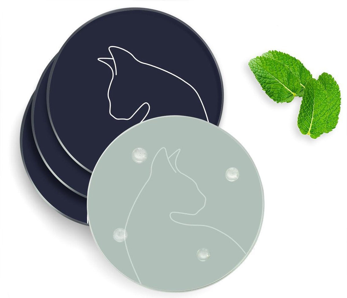 4 Luxe Glazen Onderzetters - Design Kattencontour - Rond