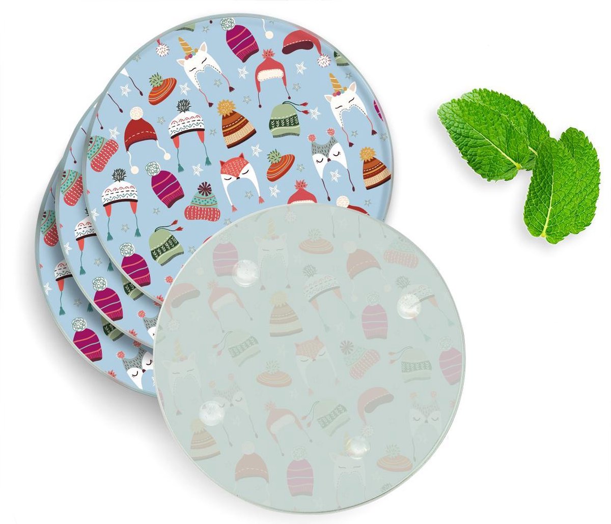 4 Luxe Glazen Onderzetters - Design Winter Hats - Rond