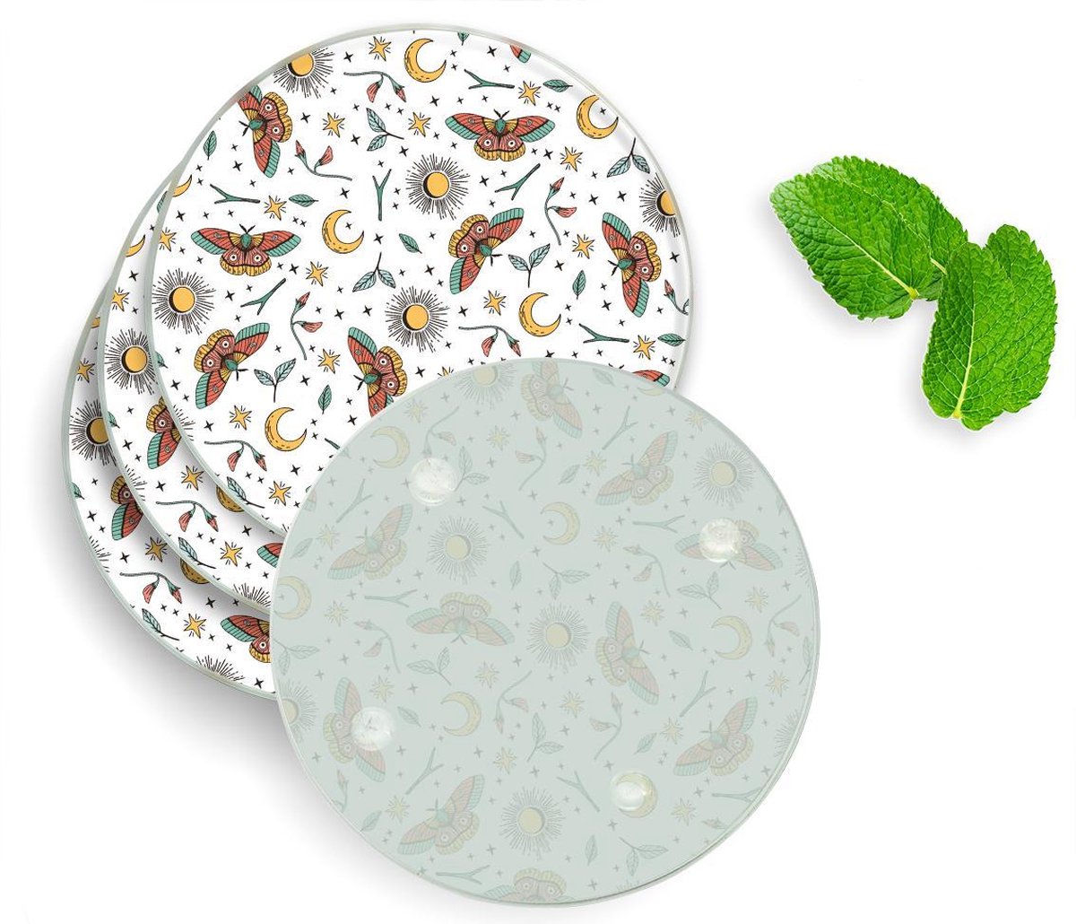 4 Luxe Glazen Onderzetters - Design Magisch Patroon - Rond