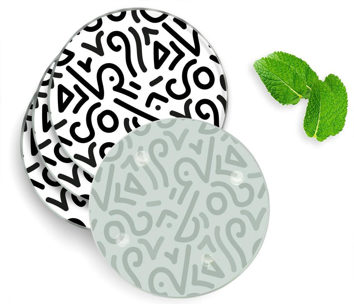 4 Luxe Glazen Onderzetters - Design Black Doodle - Rond