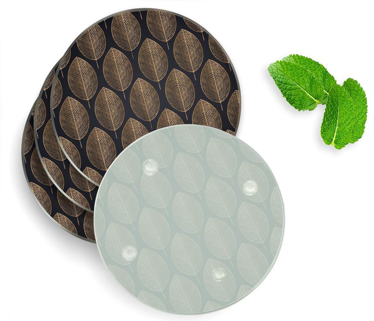 4 Luxe Glazen Onderzetters - Design Gouden Bladeren - Rond